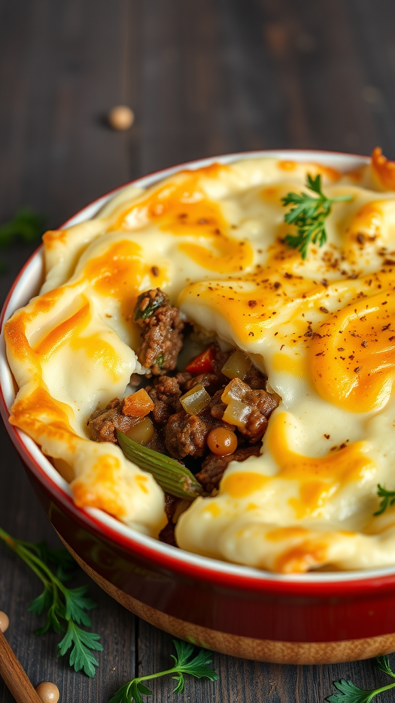 A serving of Easy Shepherd's Pie with a golden cheesy topping and savory meat filling.