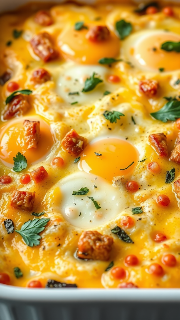 Close-up of a cheesy egg casserole with yolks and herbs