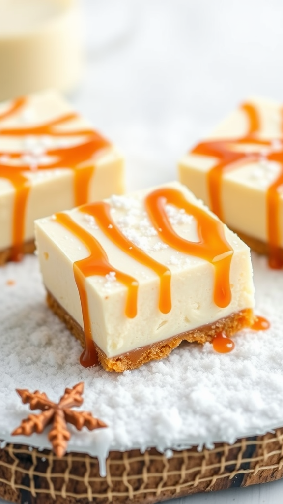 Delicious eggnog cheesecake bars topped with caramel drizzle and powdered sugar on a snowy background.