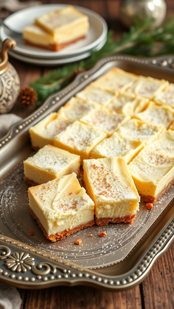 Eggnog cheesecake bars on a decorative tray with powdered sugar and a graham cracker crust