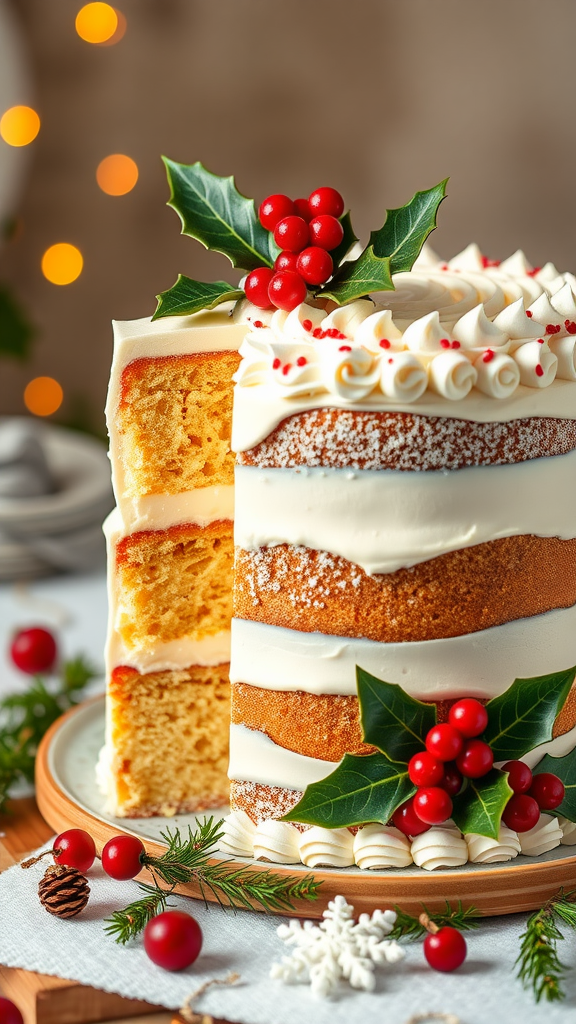A festive Eggnog Layered Cake decorated with holly and red berries.