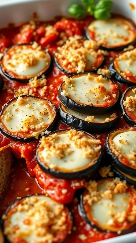 A close-up of a baked eggplant casserole with cheese, breadcrumbs, and tomato sauce.