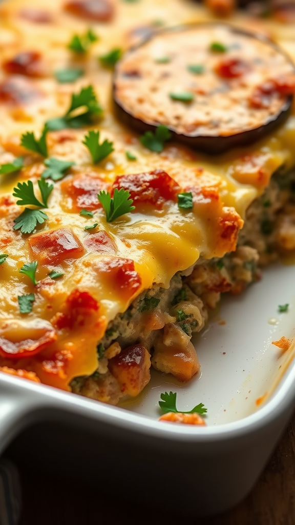 A delicious eggplant casserole topped with melted cheese and fresh cilantro