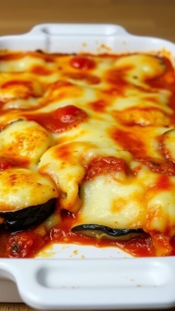 A close-up of a baked eggplant casserole with melted cheese and tomato sauce.