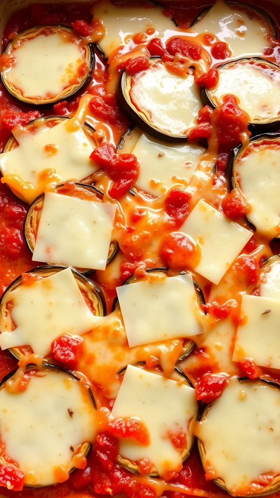 A close-up of a baked eggplant casserole with layers of eggplant, cheese, and tomato sauce.