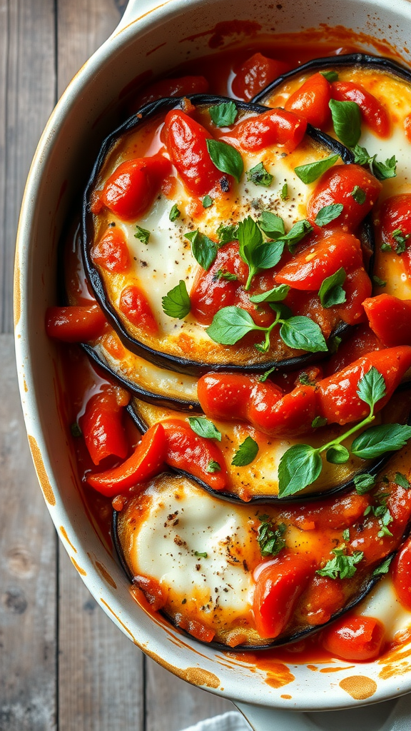 A delicious eggplant casserole topped with tomato sauce and fresh herbs.