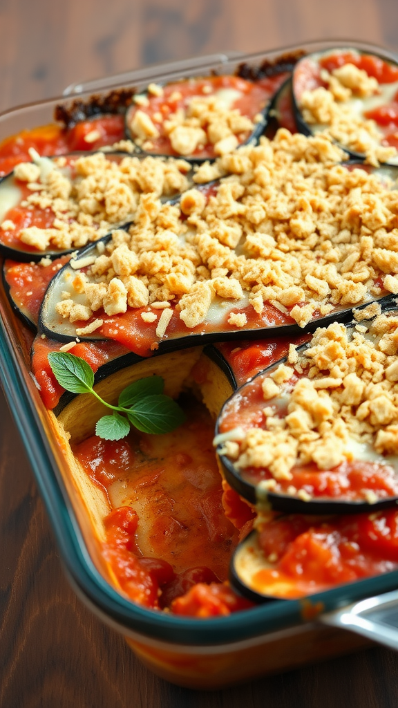 Delicious eggplant casserole with tomato sauce and breadcrumb topping