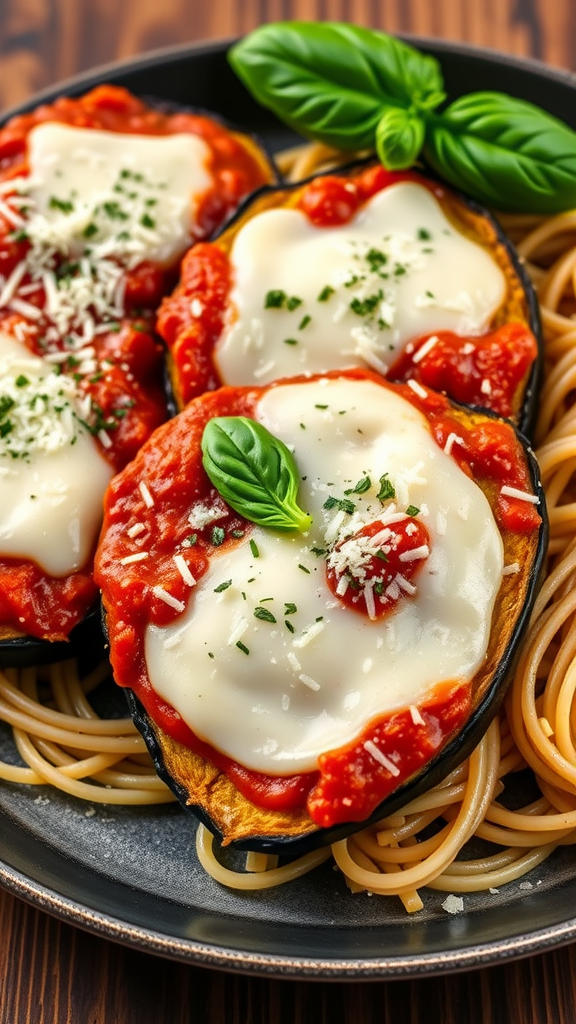 A delicious serving of Eggplant Parmesan with spaghetti and garnished with fresh basil.