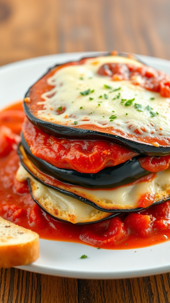 A plate of Eggplant Parmesan stacked high with marinara sauce and melted cheese.