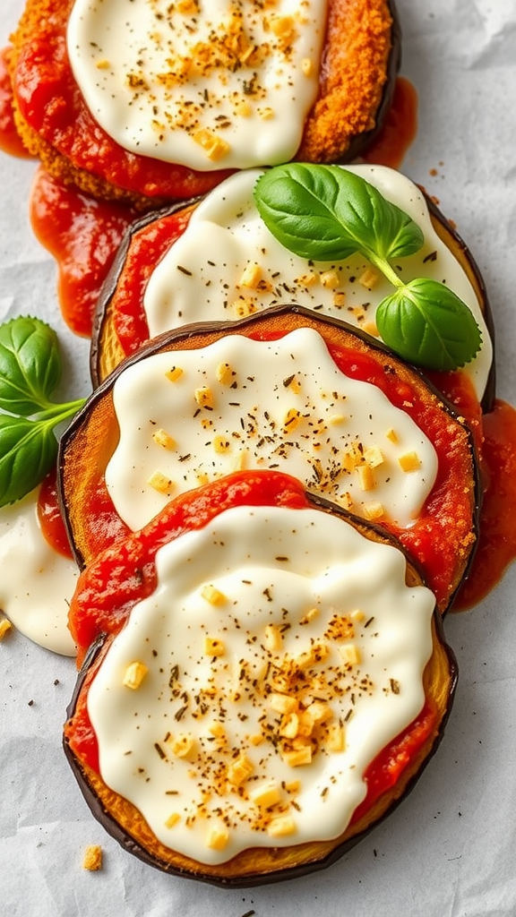 Delicious layers of eggplant parmesan with marinara sauce and cheese