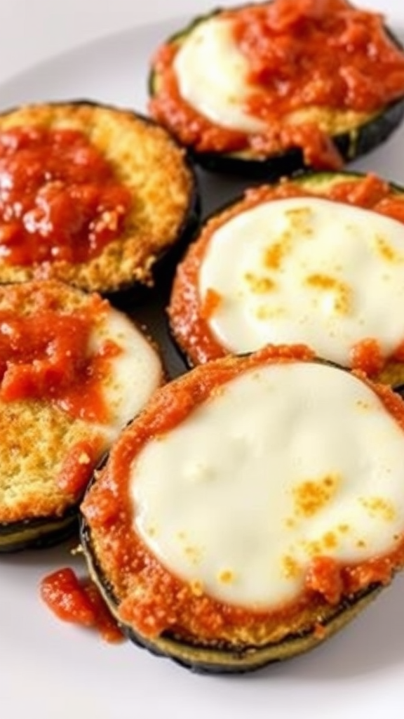 A plate of baked eggplant parmesan with marinara sauce and melted cheese