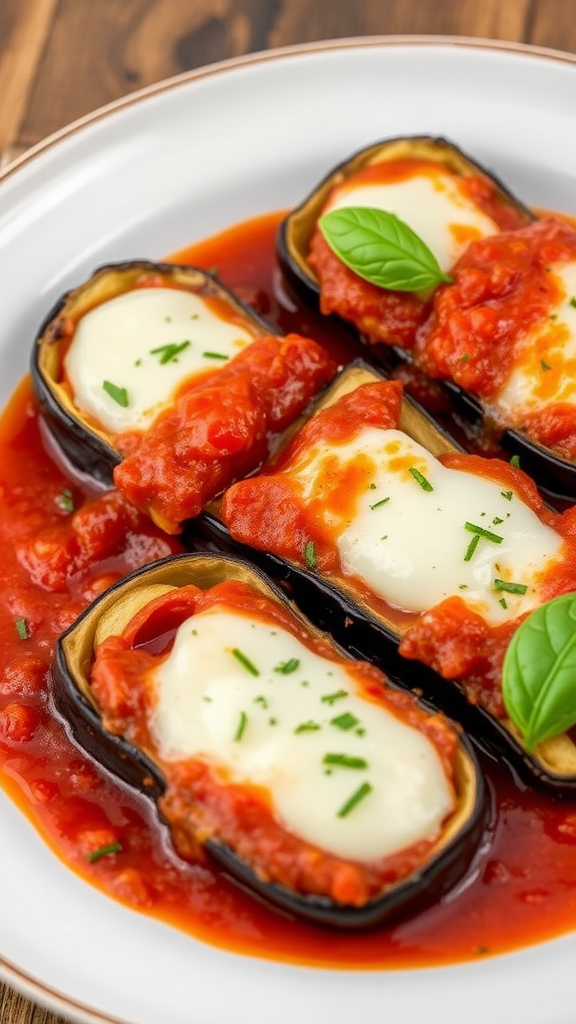 Plate of Eggplant Rollatini with tomato sauce and basil