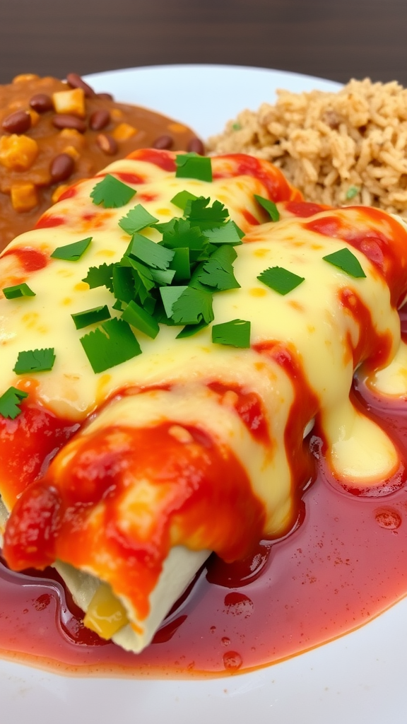 A plate of enchiladas topped with cheese and cilantro, served with refried beans and rice.