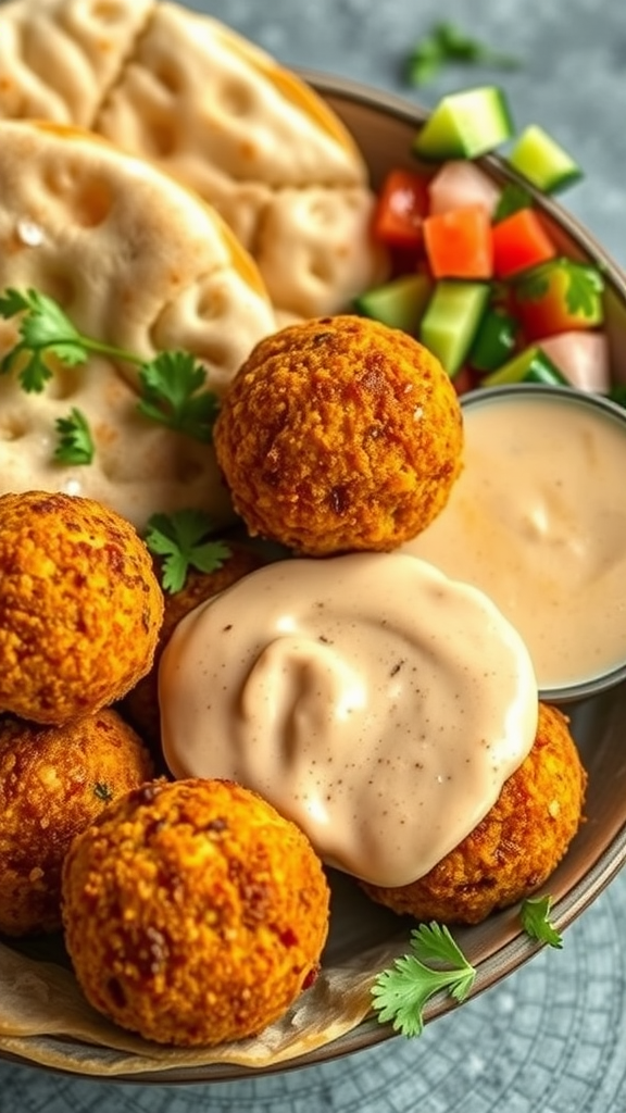 A bowl of falafel served with tahini sauce, pita bread, and fresh vegetables.