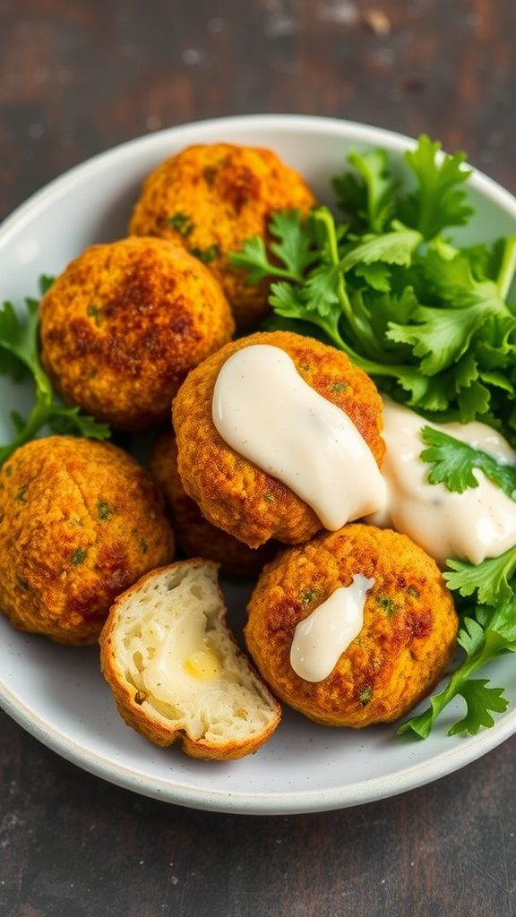 A plate of golden falafel balls with tahini sauce and fresh greenery