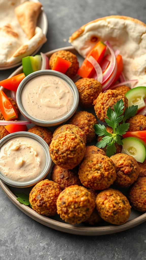 A plate of falafel balls with tahini sauce, fresh vegetables, and pita bread.
