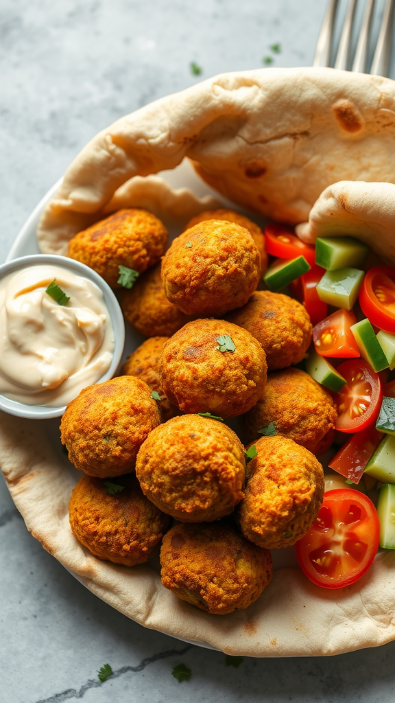 Plate of falafel balls served with tahini sauce, pita, and fresh vegetables