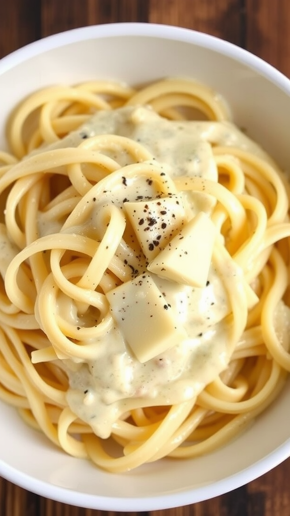 A bowl of fettuccine Alfredo with creamy sauce and cheese.