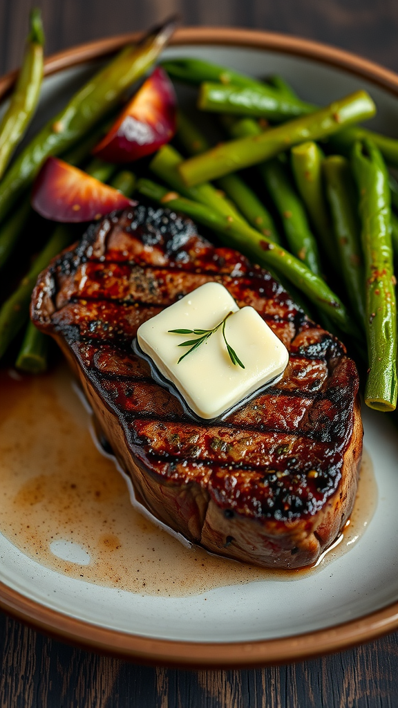A perfectly cooked filet mignon with a pat of butter on top, served with green beans.