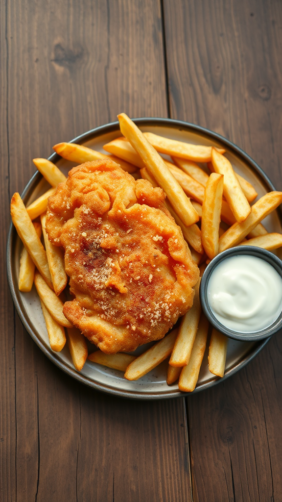 A plate of fish and chips with crispy fries and a side of tartar sauce.