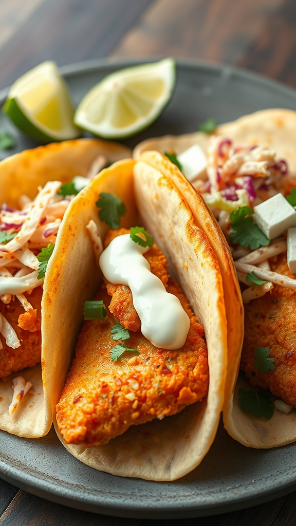 Plate of fish tacos with lime wedges, topped with slaw and sauce