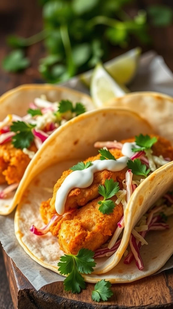 Fish tacos with crispy fish, slaw, and sauce in soft tortillas