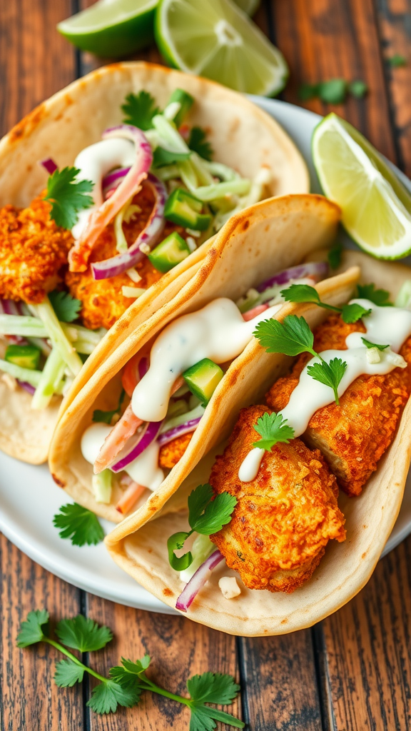 Three crispy fish tacos topped with slaw and cilantro on a plate with lime wedges.