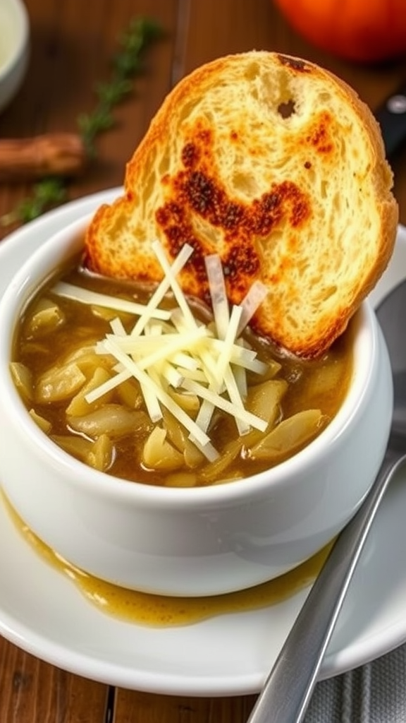 A bowl of French onion soup topped with toasted bread and shredded cheese.