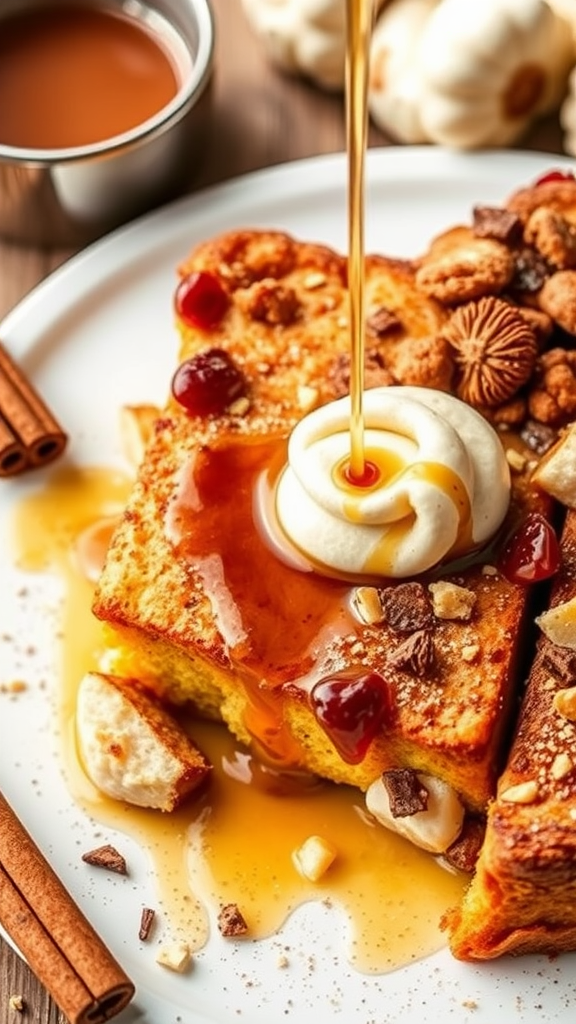 A delicious French toast casserole topped with syrup, cinnamon, and fruits on a plate.