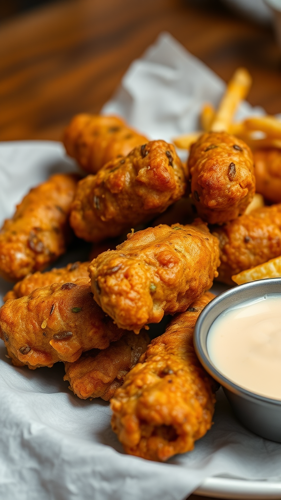 Fried alligator bites served with a creamy dipping sauce
