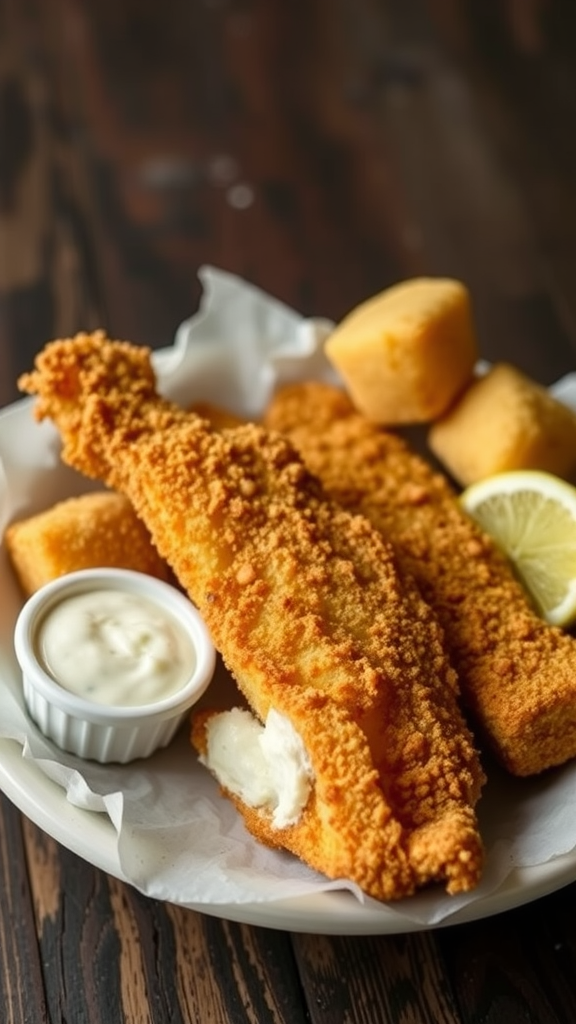 A plate of crispy fried catfish fillets with cornbread muffins and dipping sauce.