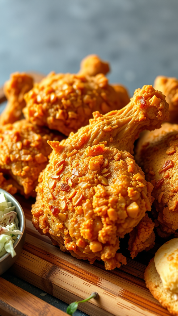Crispy fried chicken pieces on a wooden platter with coleslaw and biscuit
