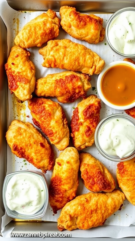 A delicious assortment of fried chicken tenders served with dipping sauces
