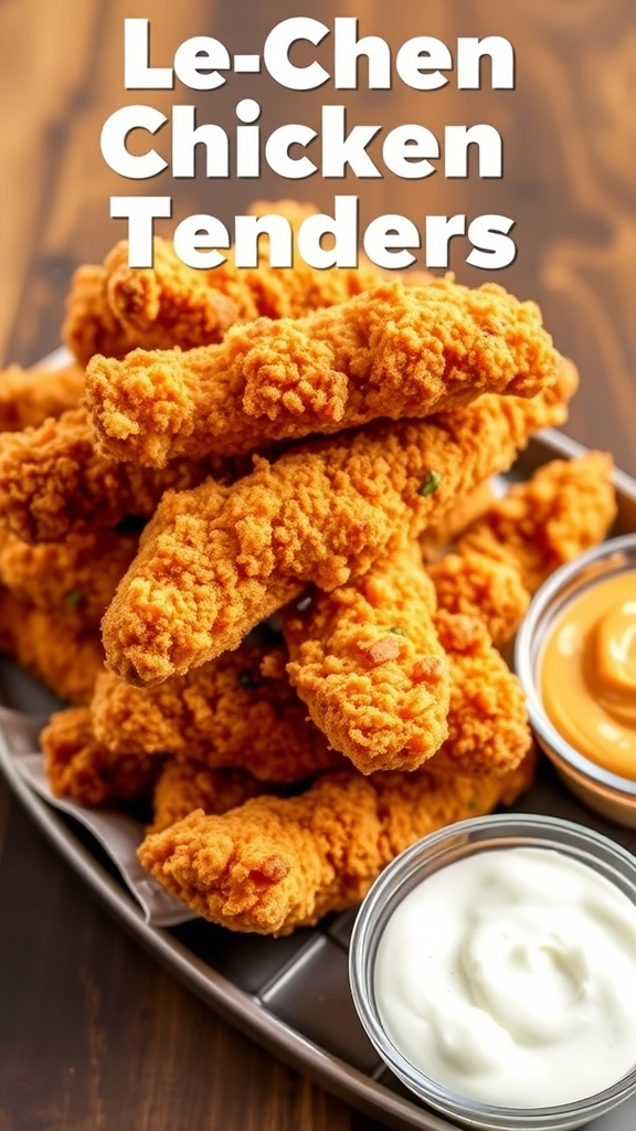 A platter of crispy chicken tenders with dipping sauces
