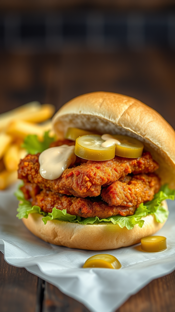 A delicious fried pork tenderloin sandwich with pickles and sauce, served with fries.