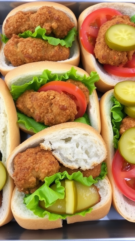 Fried pork tenderloin sandwiches with lettuce, tomato, and pickles in soft buns.