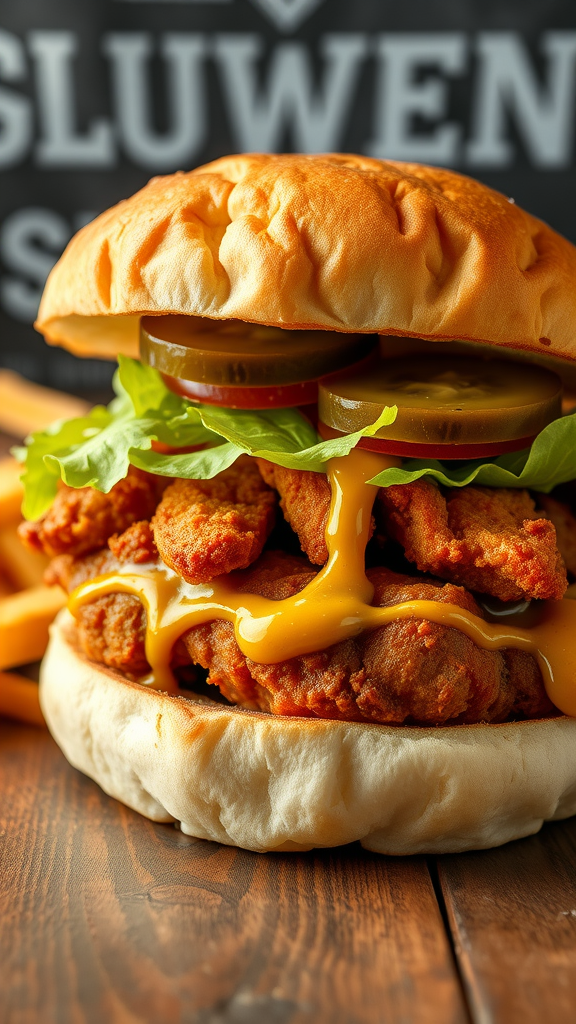 A delicious fried pork tenderloin sandwich with lettuce, pickles, and cheese.