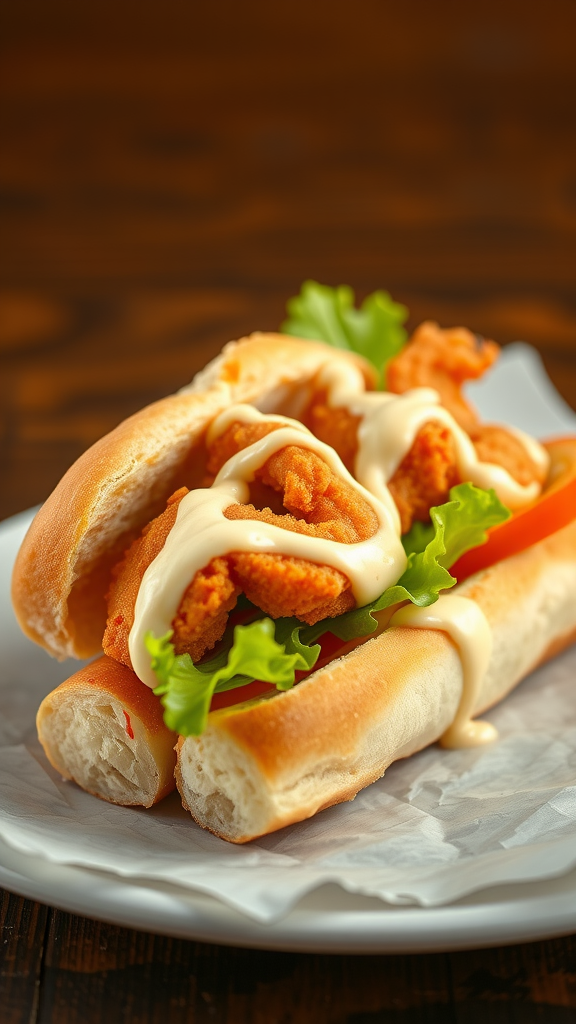 A delicious Fried Shrimp Po' Boy sandwich with lettuce and mayo.