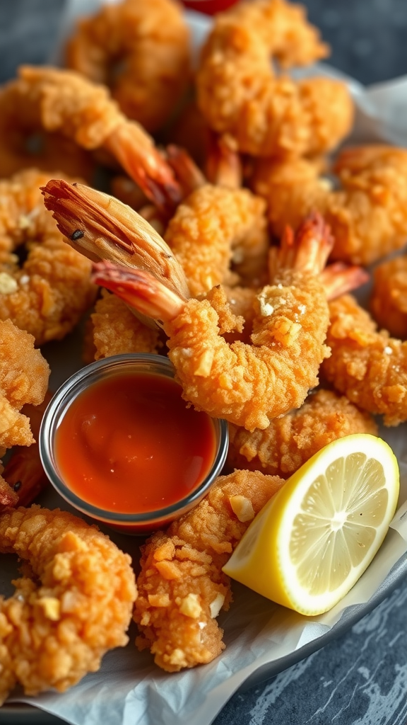 A plate of crispy fried shrimp served with cocktail sauce and a lemon wedge
