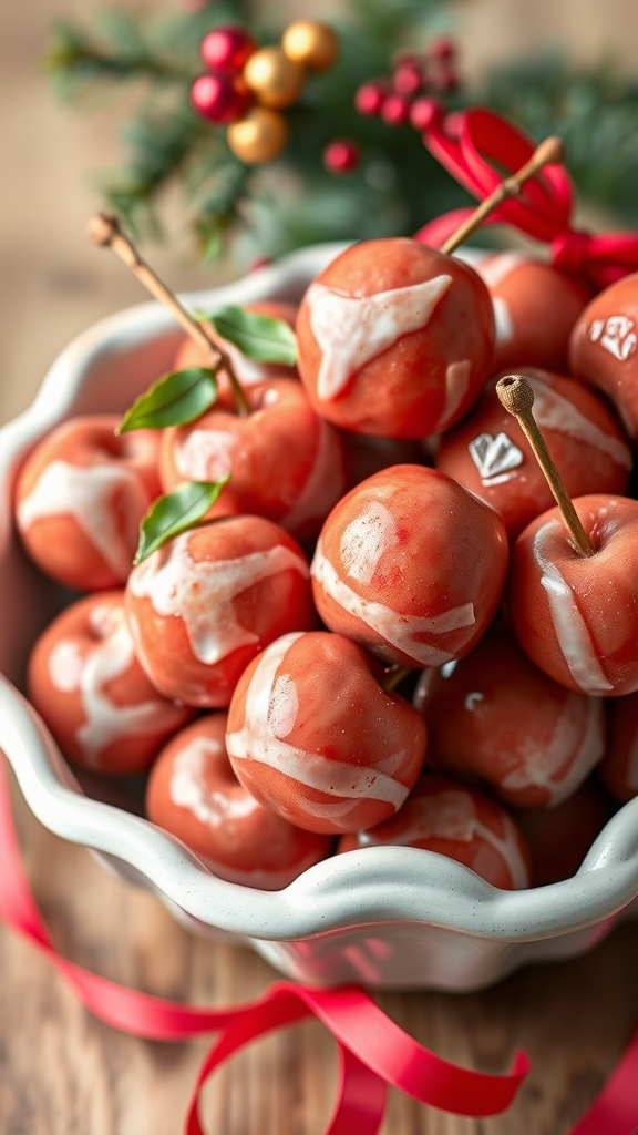 A close-up of frosted sugar plums in a decorative bowl, adorned with festive ribbons and greenery.