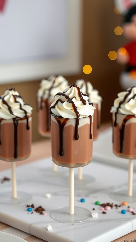 A display of frozen hot chocolate pops topped with whipped cream and chocolate drizzle