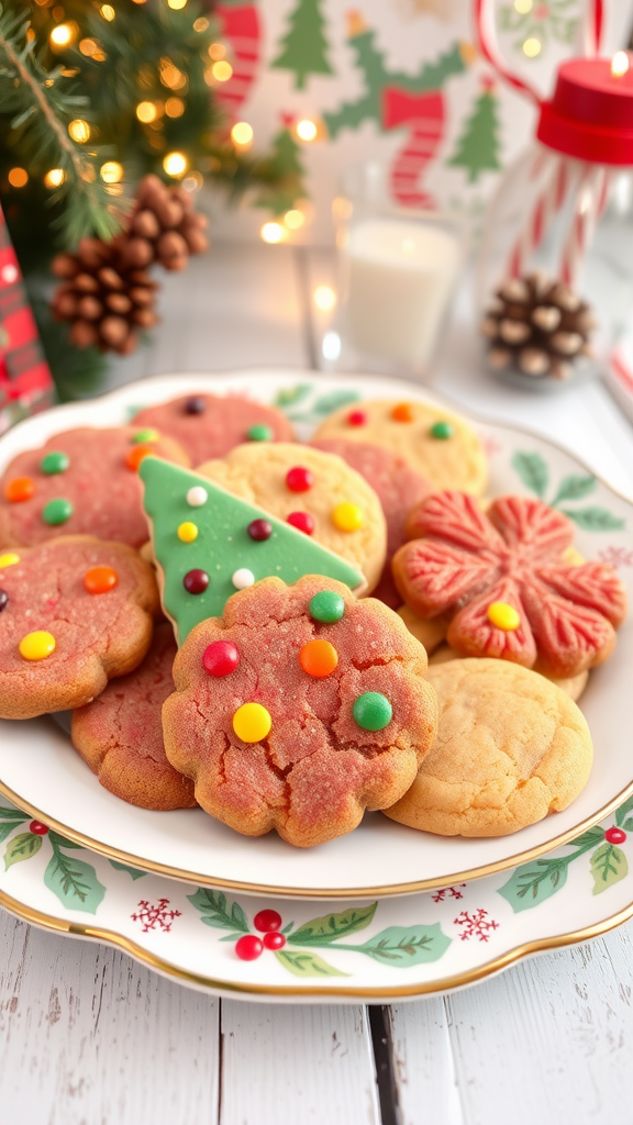 A plate of colorful fruitcake cookies, shaped like trees and flowers, set against a festive background.