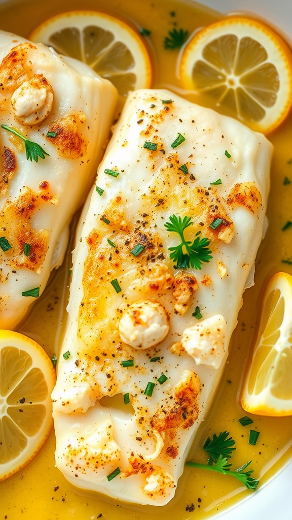 Garlic Butter Baked Cod with lemon slices and herbs