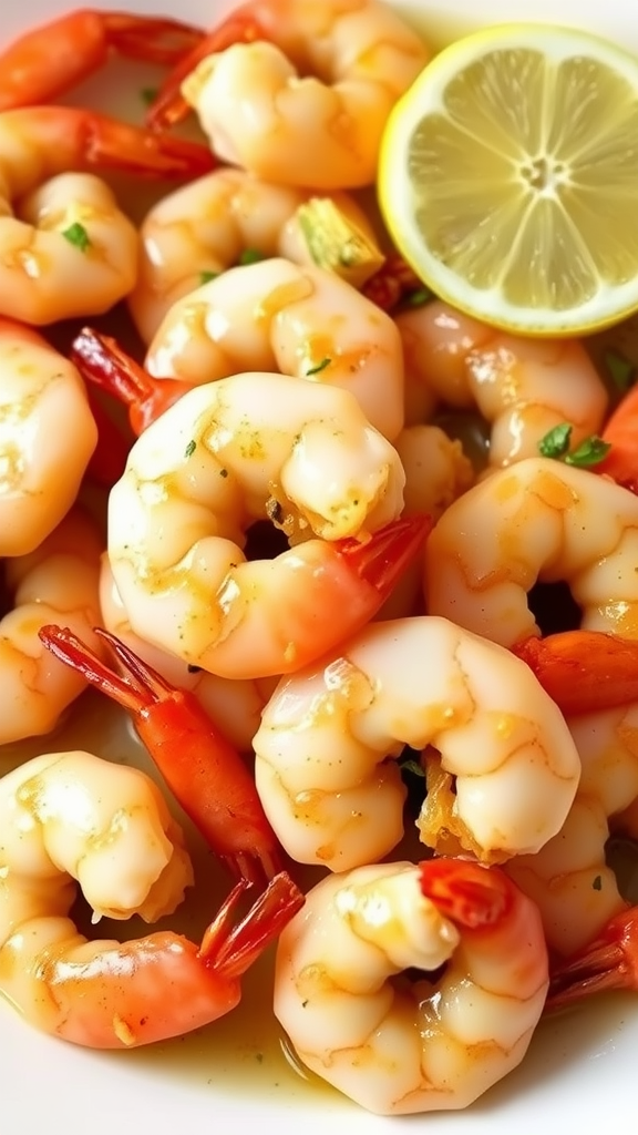A plate of garlic butter shrimp garnished with herbs and a slice of lemon