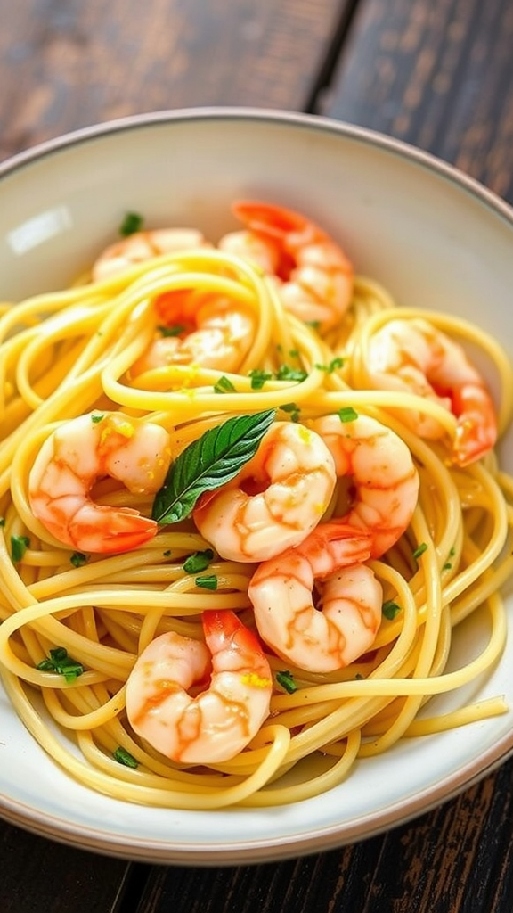 A plate of garlic butter shrimp pasta with shrimp and herbs.