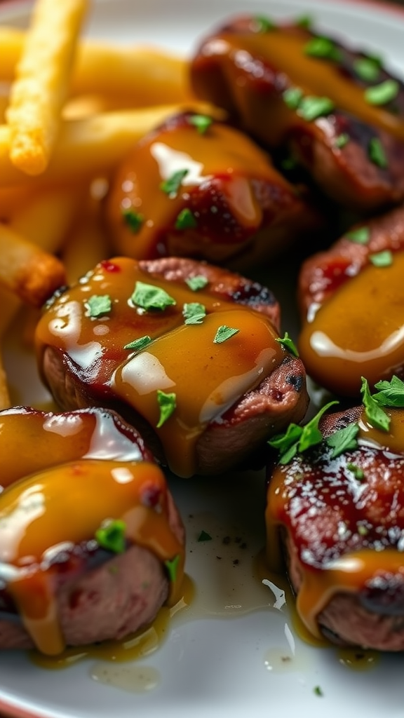 Plate of garlic butter steak bites with fries and a rich sauce