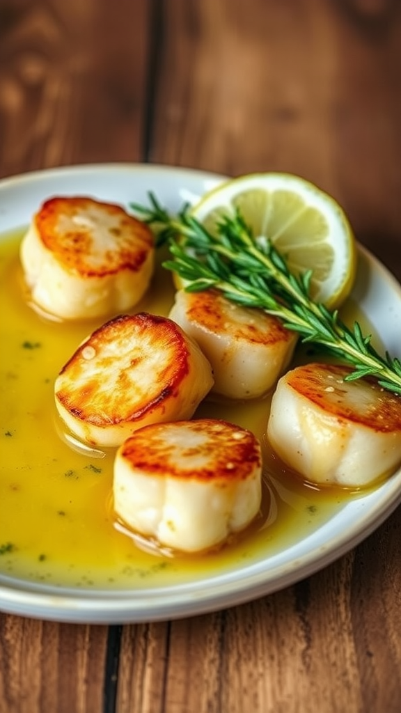 A plate of garlic lemon butter seared scallops with a garnish of lemon and rosemary