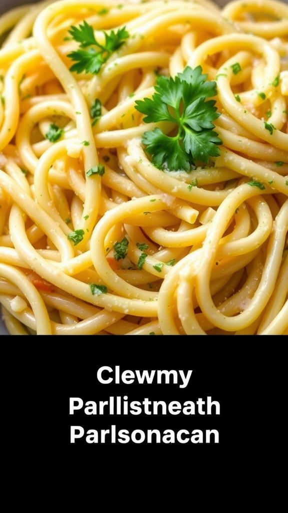 Plate of garlic parmesan pasta garnished with parsley