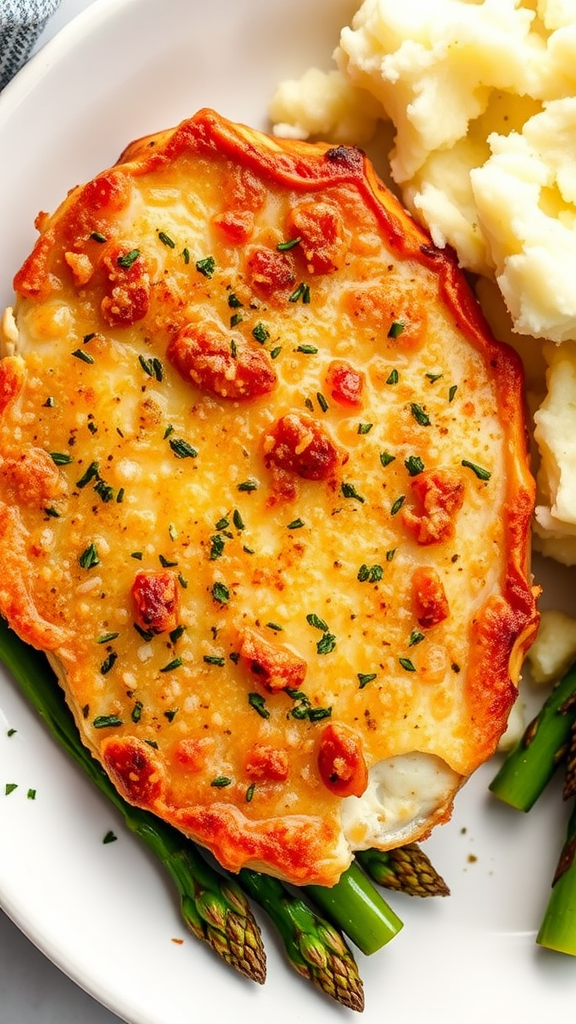 A plate of Garlic Parmesan Pork Chops served with mashed potatoes and asparagus.