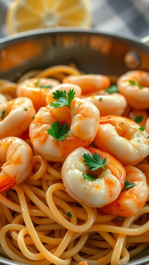 Plate of garlic shrimp scampi with noodles and parsley
